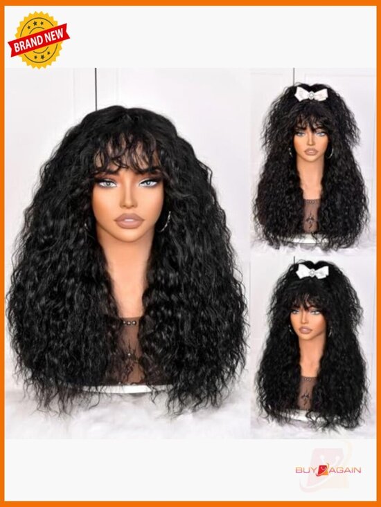 200 Density Long Curly Wig with Bangs 100% Human Hair Glueless